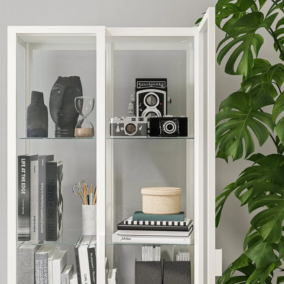 Glass-door cabinet with adjustable shelves, lock, holds camera, books, decor.