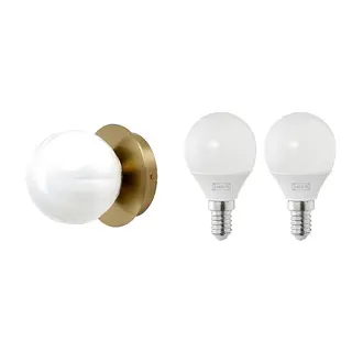 AKTERSPRING/SOLHETTA set: wall lamp, wired-in installation + LED bulb E14 250 lumen, opal white glass/brass-plated + globe opal white, 15 cm