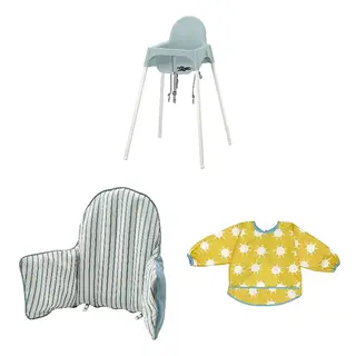 ANTILOP/KLADDIG set: highchair with safety belt + supporting cushion and cover + bib, grey-blue/white + blue/white striped + yellow/white, Width 56 x Depth 60 x Height 90 cm