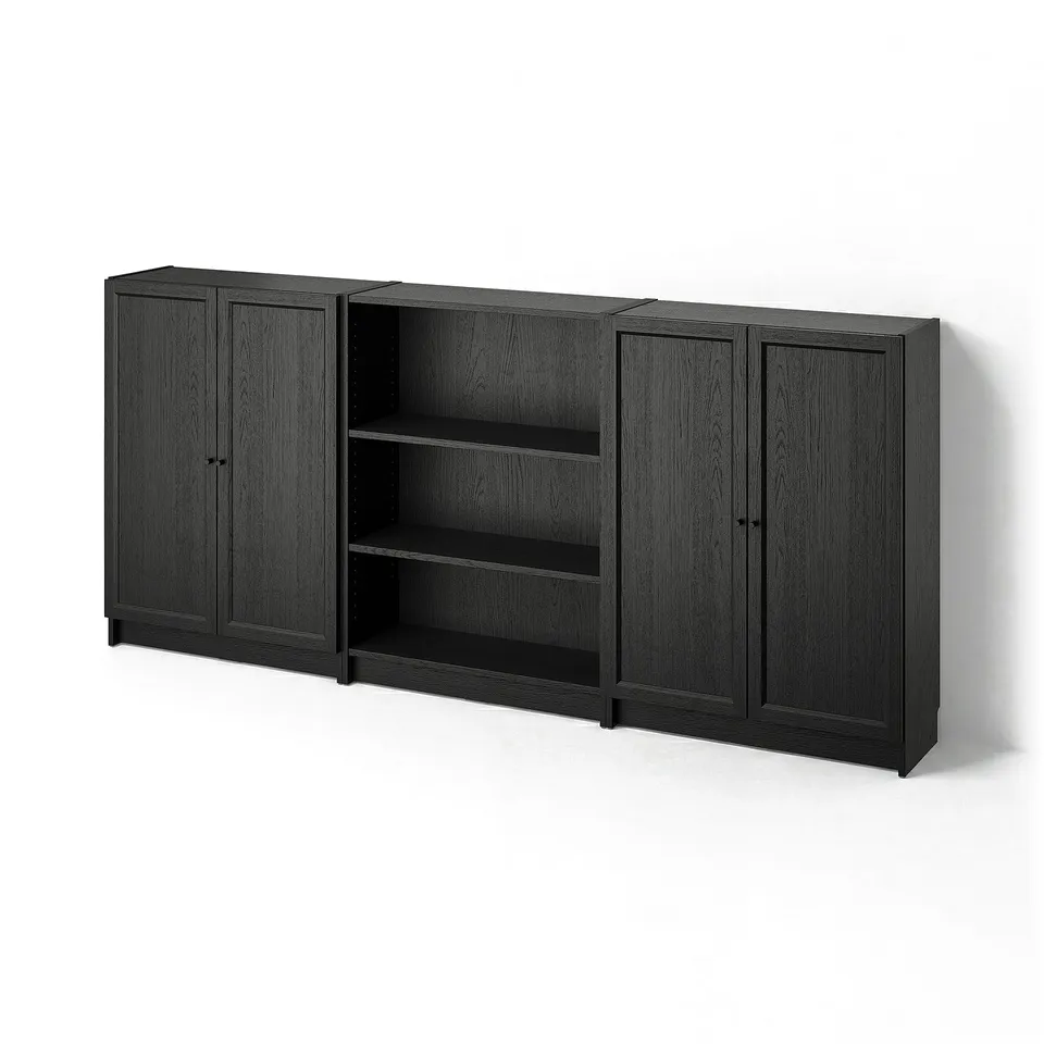 BILLY: black bookcase set, combining open and closed storage. Sleek, modern design in dark wood finish.