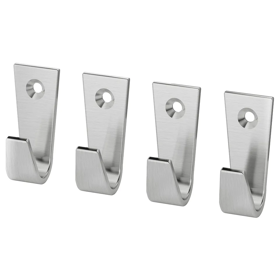 Four silver BLECKA hooks, rectangular with curved ends, arranged in a row. Made of zinc and nickel-plated. Perfect for hanging items.