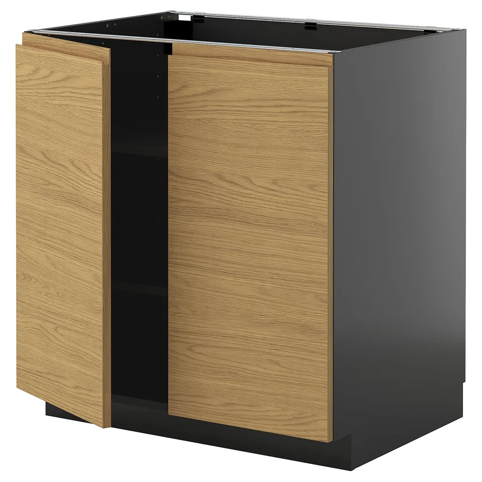 METOD kitchen cabinet with oak-front, dark grey top, and two open wooden doors, modern minimalist.