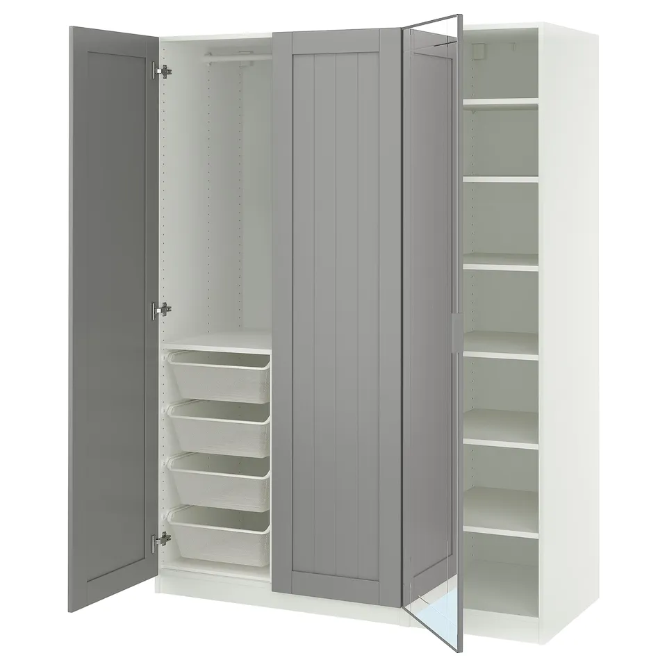 Three-section wardrobe with adjustable shelves, mesh baskets, and mirrored door, in white and grey.