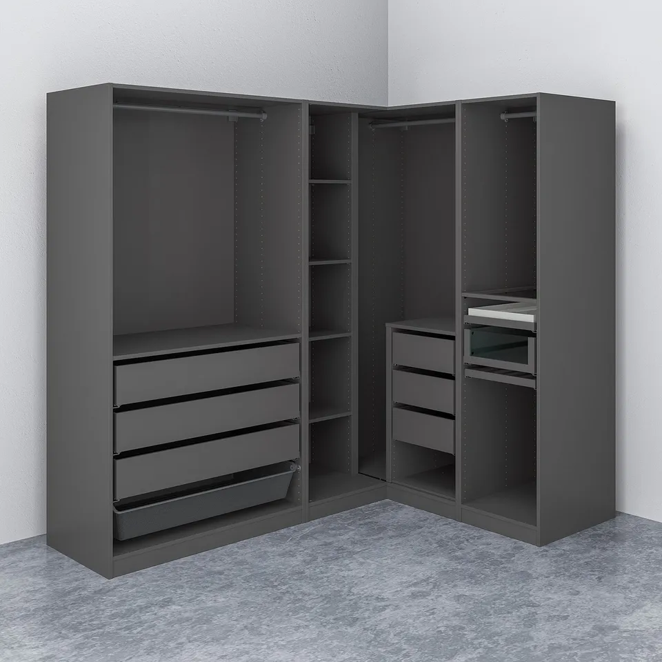 Dark corner wardrobe with shelves and drawers, designed for efficient clothing storage and organisation.