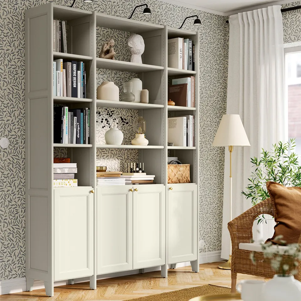 GULDDRAGARE Storage combination, beige/with 4 doors with shelves, 162x37x216 cm