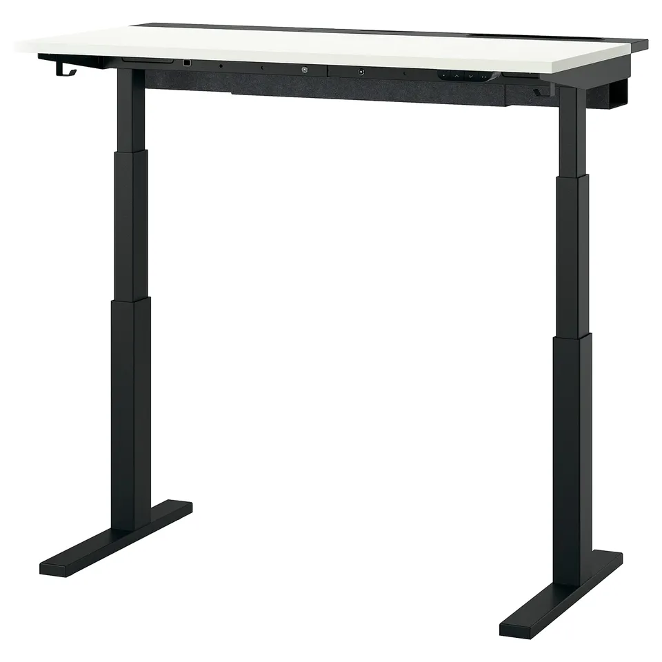 MITTZON sit-stand desk, white top, black legs, motorised height adjustment, sturdy frame.