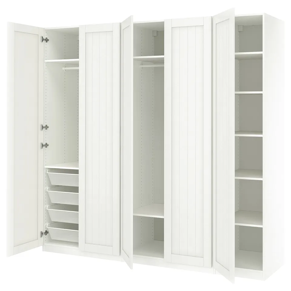 White PAX wardrobe with open doors, featuring shelves and mesh baskets.