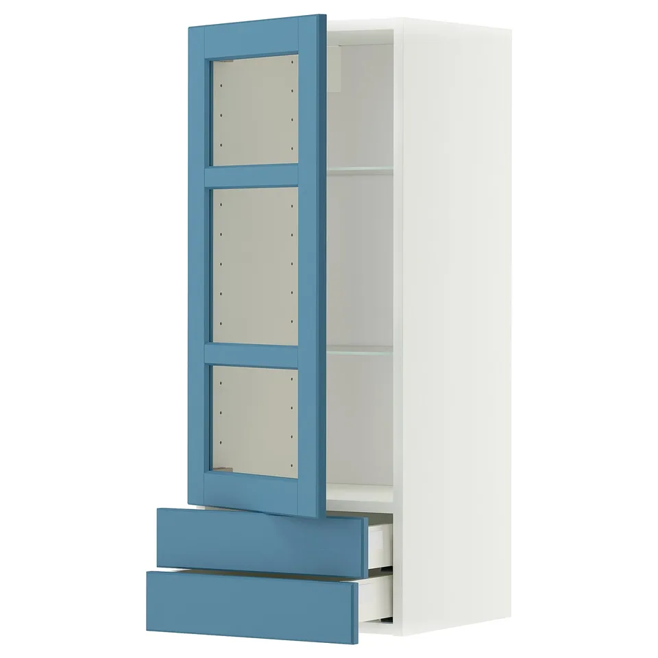 IKEA METOD wall cabinet: white & blue, glass door, adjustable shelves, smooth drawers.