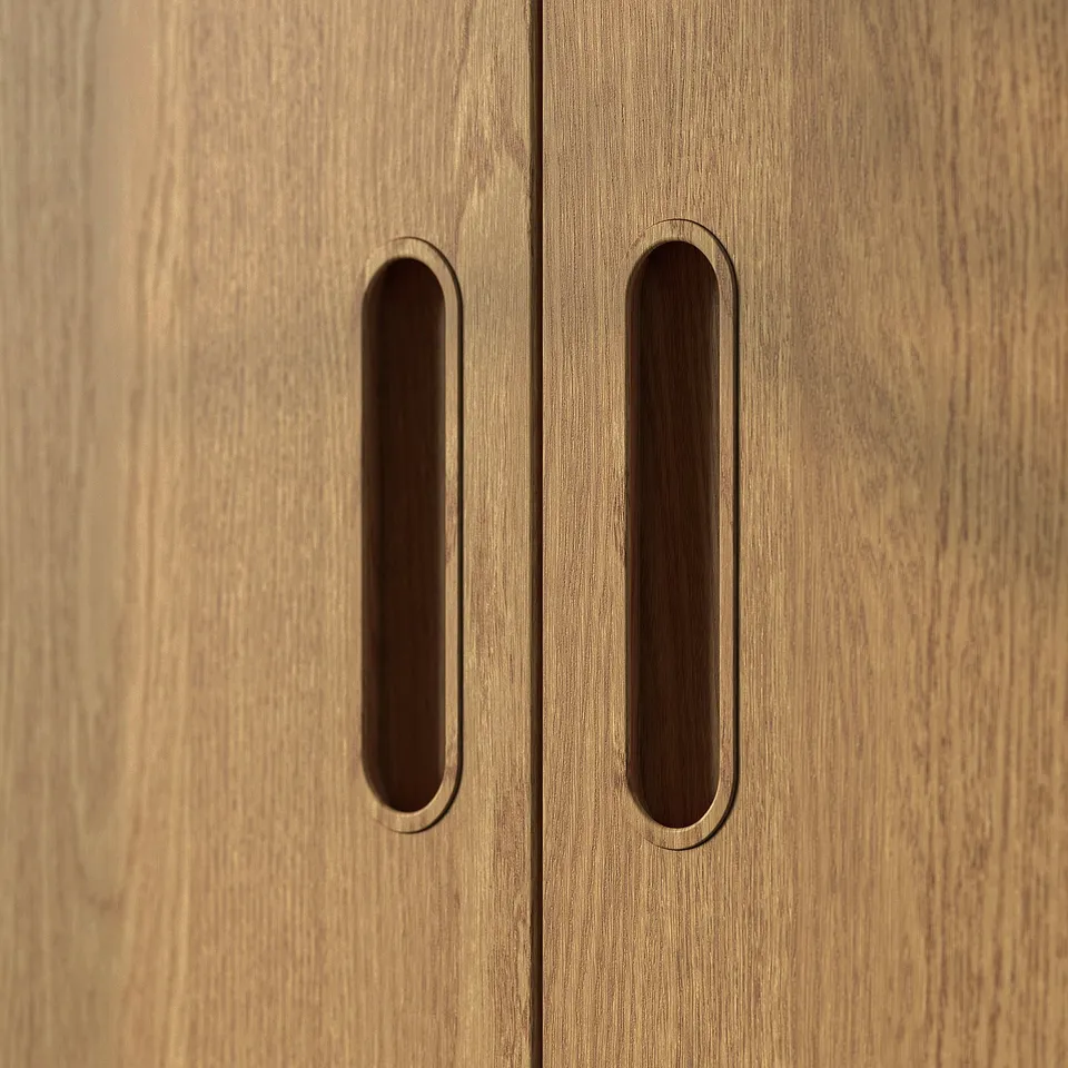 TONSTAD oak veneer door handles, minimalistic, rectangular cut-outs.
