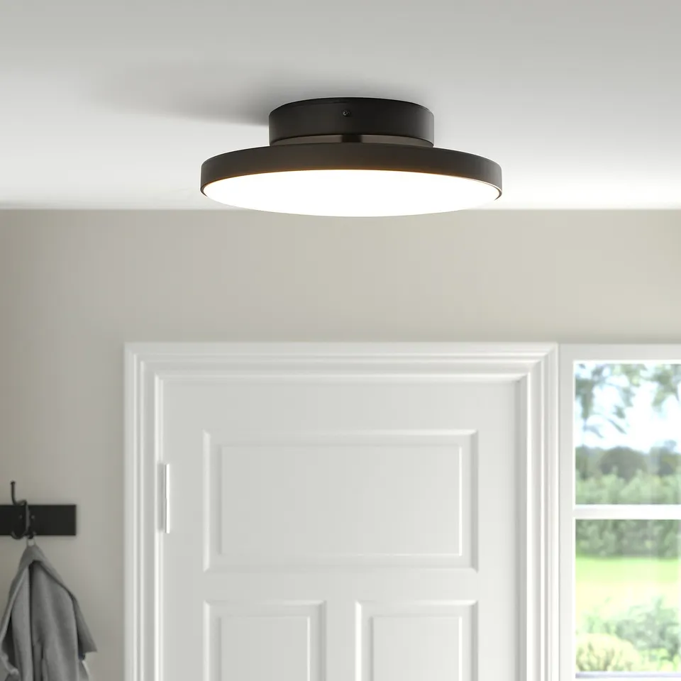 Flush-mounted ceiling lamp with modern design, emitting diffused light from built-in led, perfect for bathrooms.