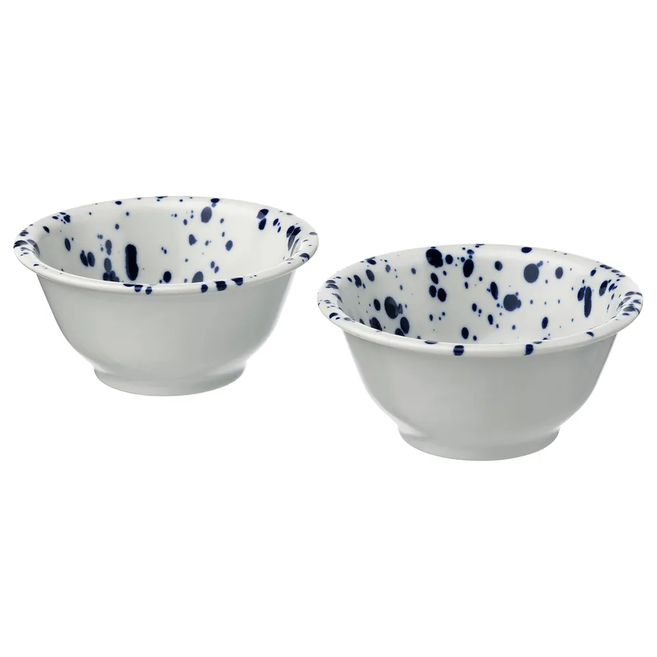 Two white bowls with blue splatter paint, round, ceramic.