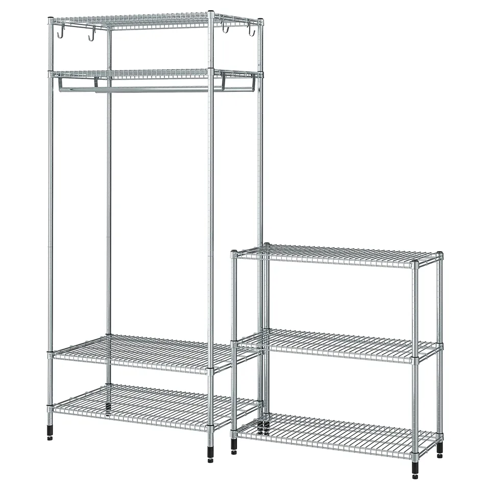 OMAR storage set: metal, silver, rectangular. Three tiers each, one with hanging rod.