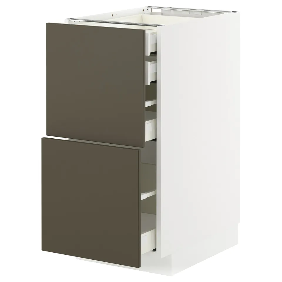 METOD kitchen unit with dark brown drawers, modern design, white frame, full extension drawers.