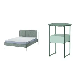 BLANKHÄLLAN/TÄLLÅSEN set: upholstered bed frame with mattress + bedside table, Kulsta grey-green/Valevåg extra firm + green/turquoise, 150x200 cm