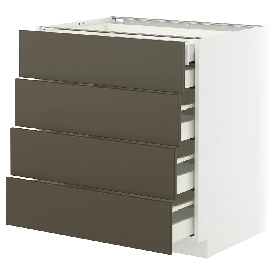 METOD kitchen cabinet with 4 dark brown drawers, white frame, full extension runners, modern design.