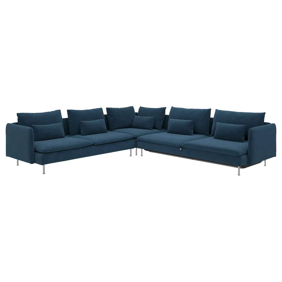 A blue SÖDERHAMN sectional sofa with deep seating and multiple cushions for comfort.
