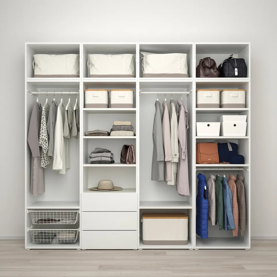 PLATSA Wardrobe with 8 doors+3 drawers, white STRAUMEN mirror glass/SANNIDAL white, 240x57x221 cm