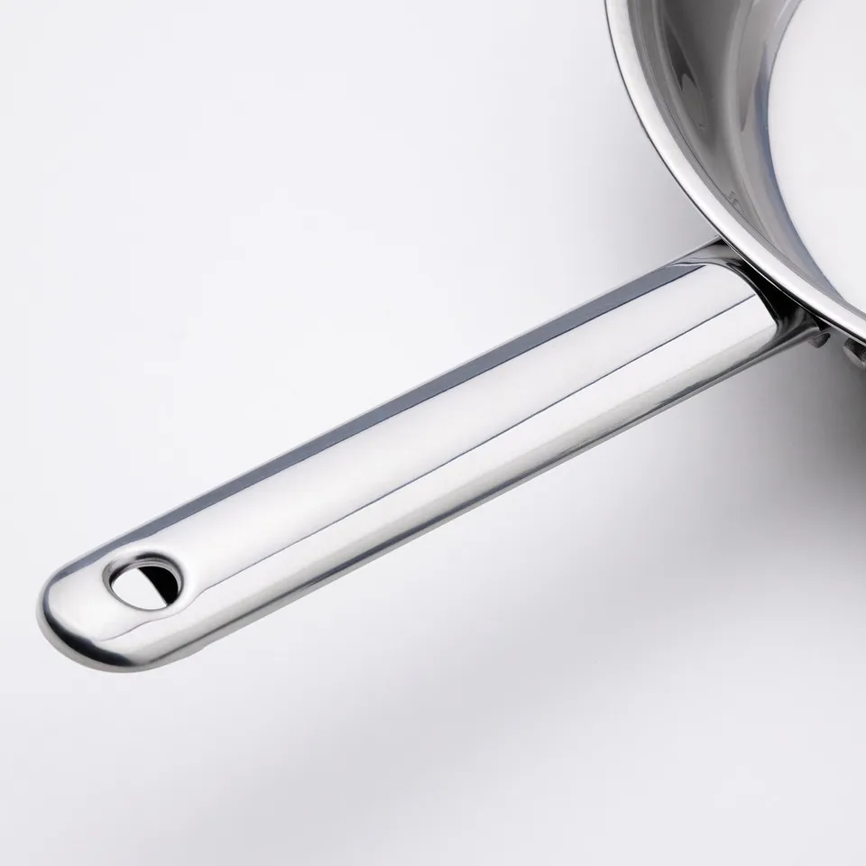 Stainless steel pan handle, sleek and sturdy, designed for durability and easy grip.