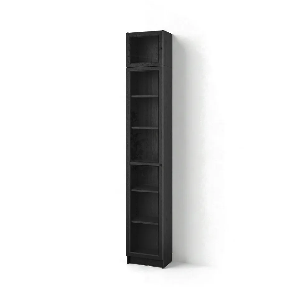 A tall black BILLY bookcase. It has six empty shelves and glass doors at the top. Its sleek and modern design is perfect for storage.