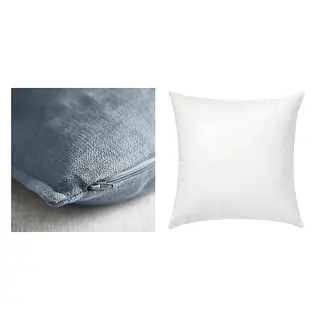 FJÄDRAR/LAGERPOPPEL set: cushion cover + cushion pad, blue-grey + white, 65x65 cm