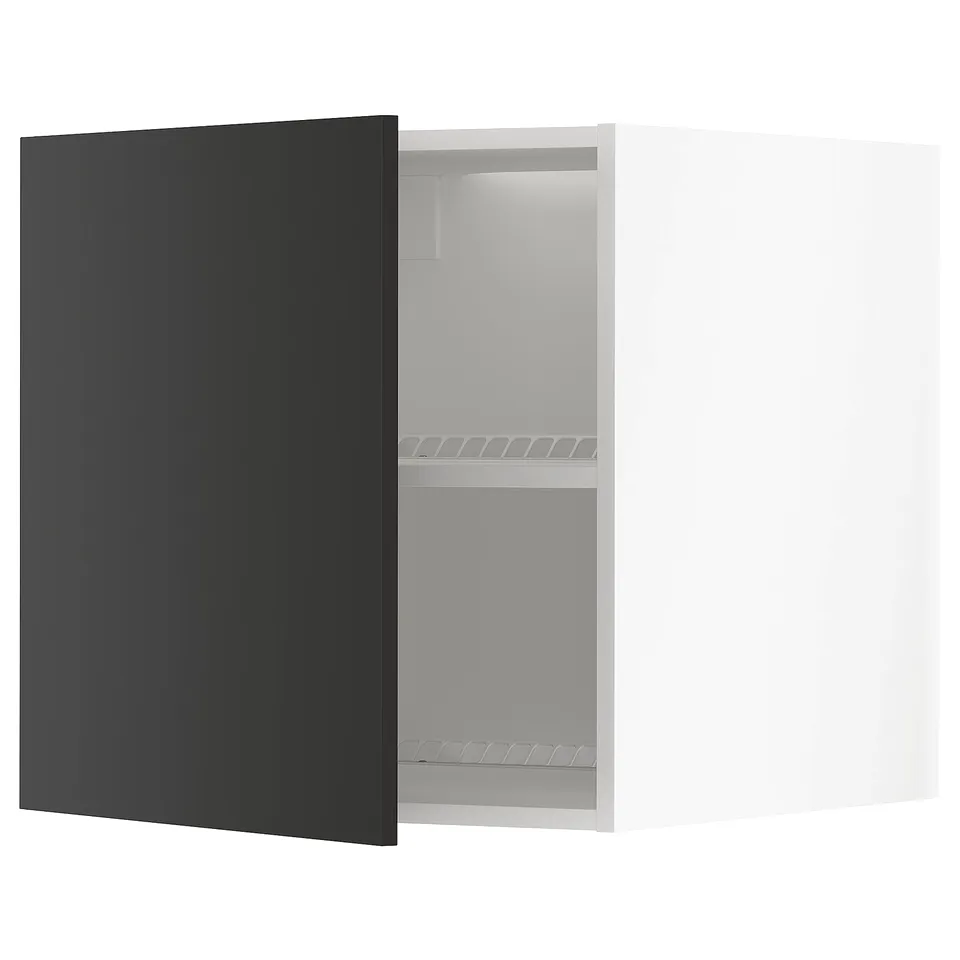 Ikea METOD kitchen cabinet in black with white interior, adjustable shelves, square shape.