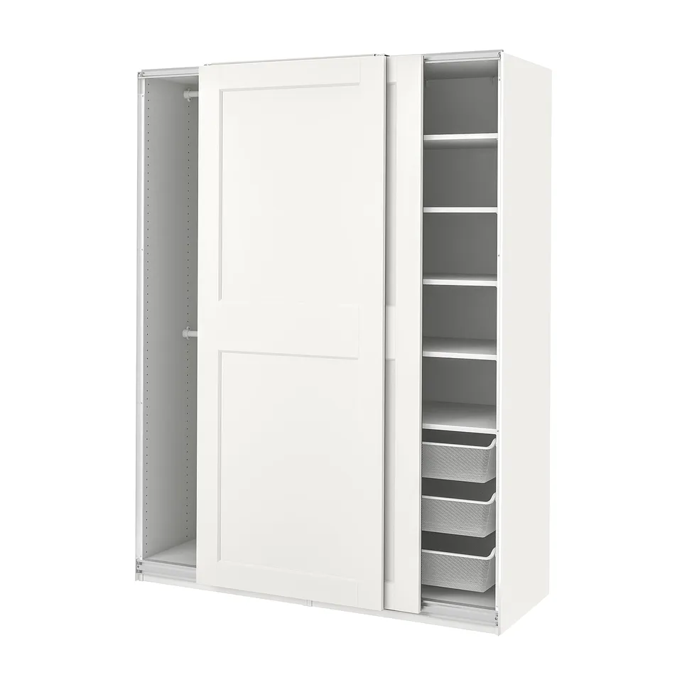 A white ikea PAX wardrobe with sliding doors and internal mesh baskets.