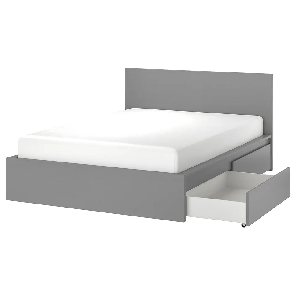 Modern grey bed with clean lines, featuring a high headboard and under-bed storage drawers.