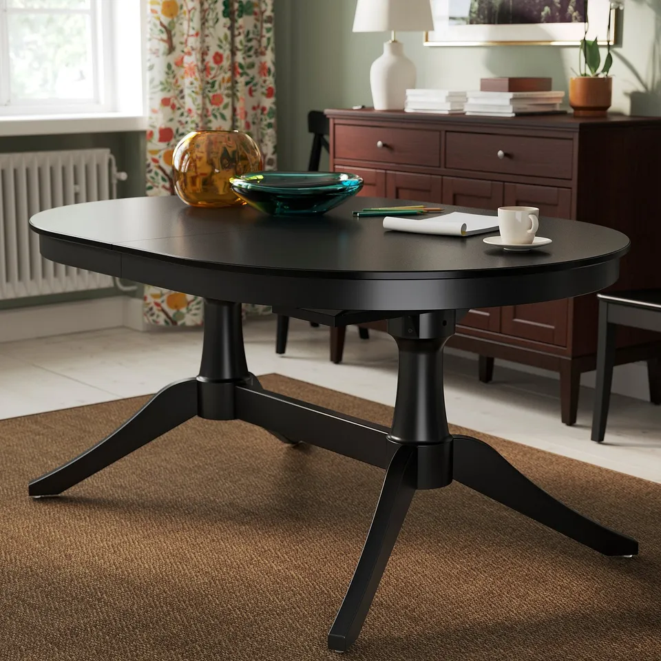 ROSENTORP / ROSENTORP Table and 6 chairs, black/Tibbleby beige-grey black, 160/215x110 cm