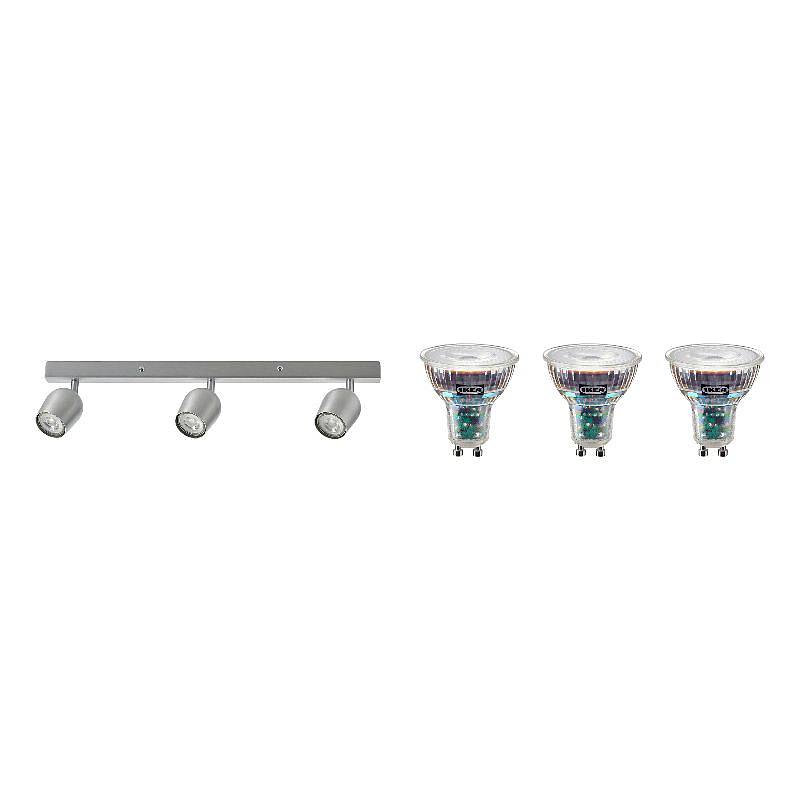 RÖKFRI/SOLHETTA set: ceiling spotlight with 3 spots + LED bulb GU10 230 lumen, aluminium-colour, Height 14 x Length 57 x Width 6.6 cm