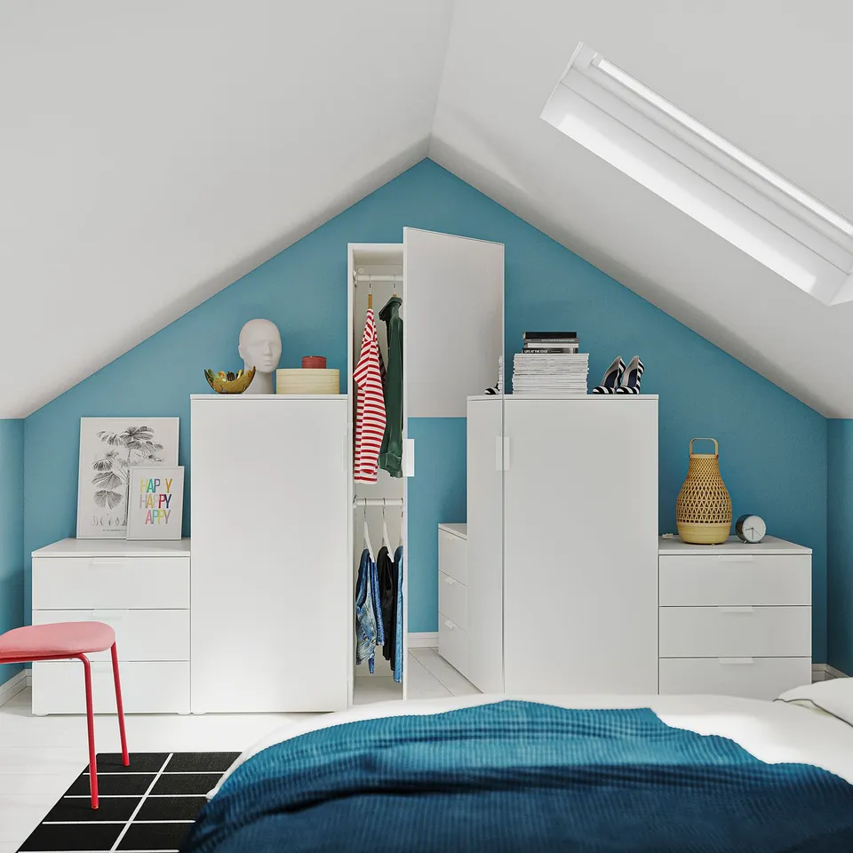 PLATSA Wardrobe with 3 doors+6 drawers, white STRAUMEN mirror glass/FONNES white, 300x57x181 cm