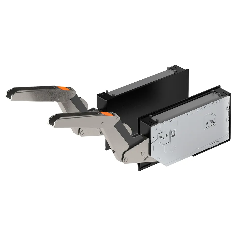 UTRUSTA hinge, silver & black, modern design, includes soft close feature.