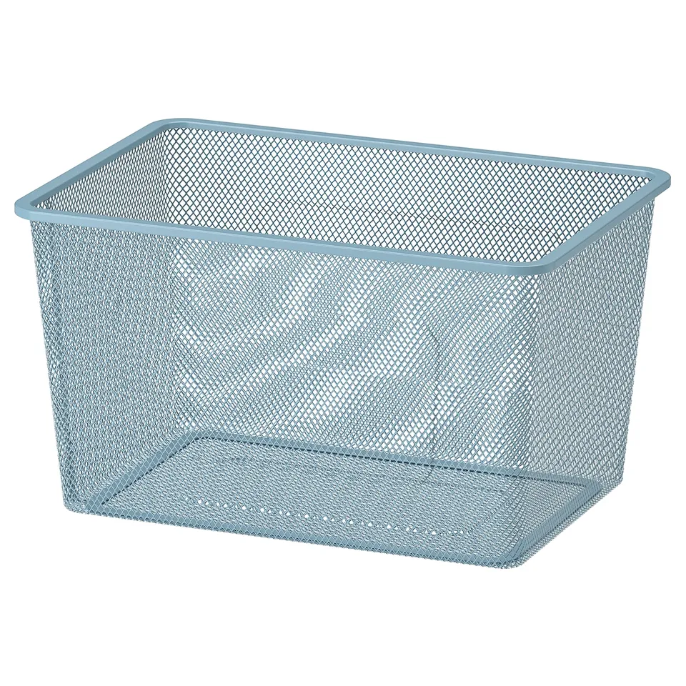 A light blue TROFAST mesh storage box. Its rectangular with a wire mesh design.