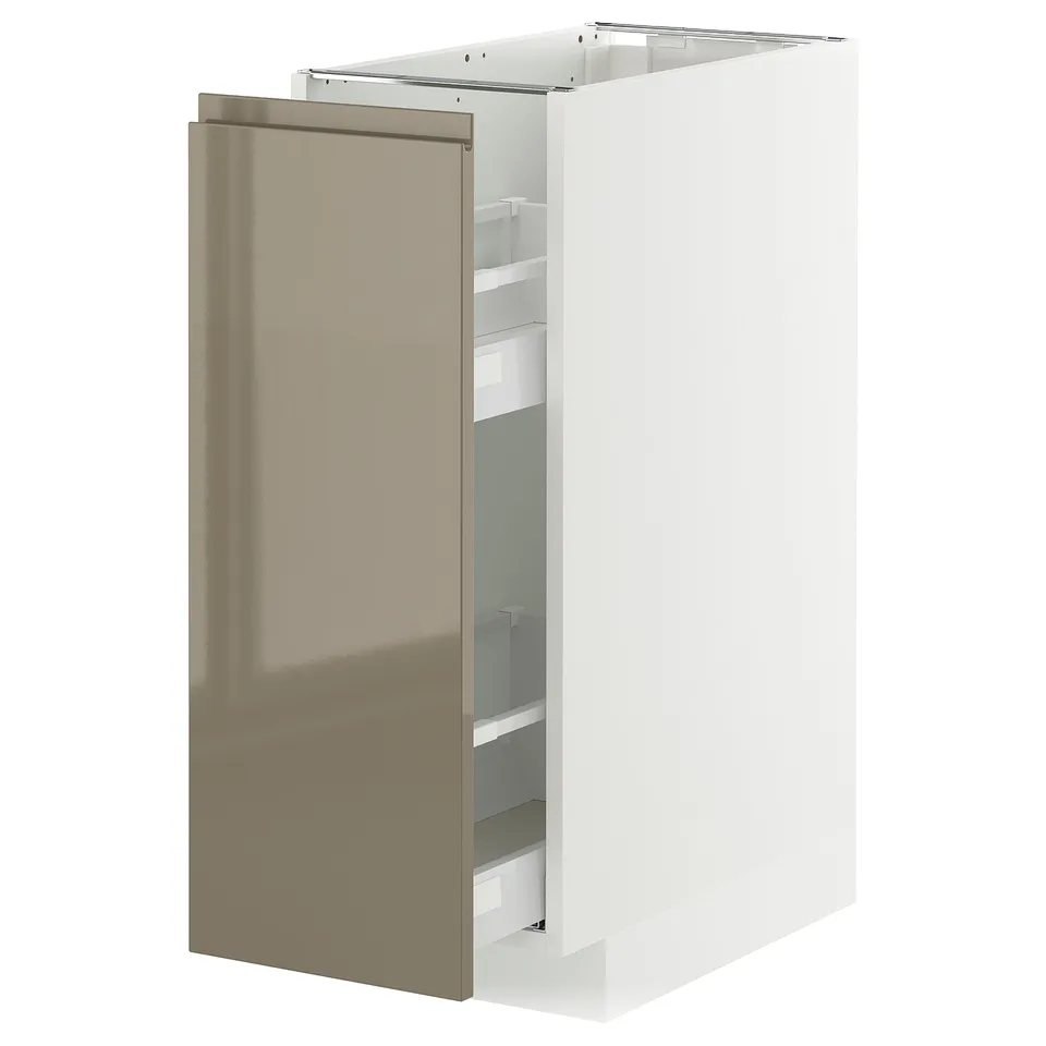 METOD kitchen cabinet, white & grey-brown, glossy finish, pull-out shelf, modern design.