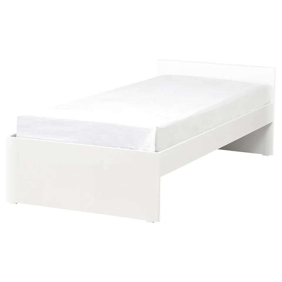 A white VIHALS bed frame with a minimalist design and potential storage or trundle options.