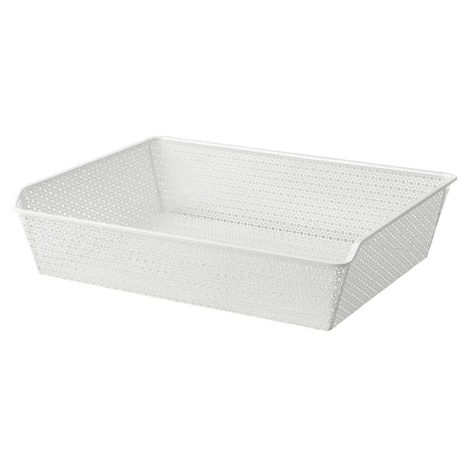 A white, rectangular metal mesh basket for storage, designed with a perforated pattern. Great for organising clothes and accessories.