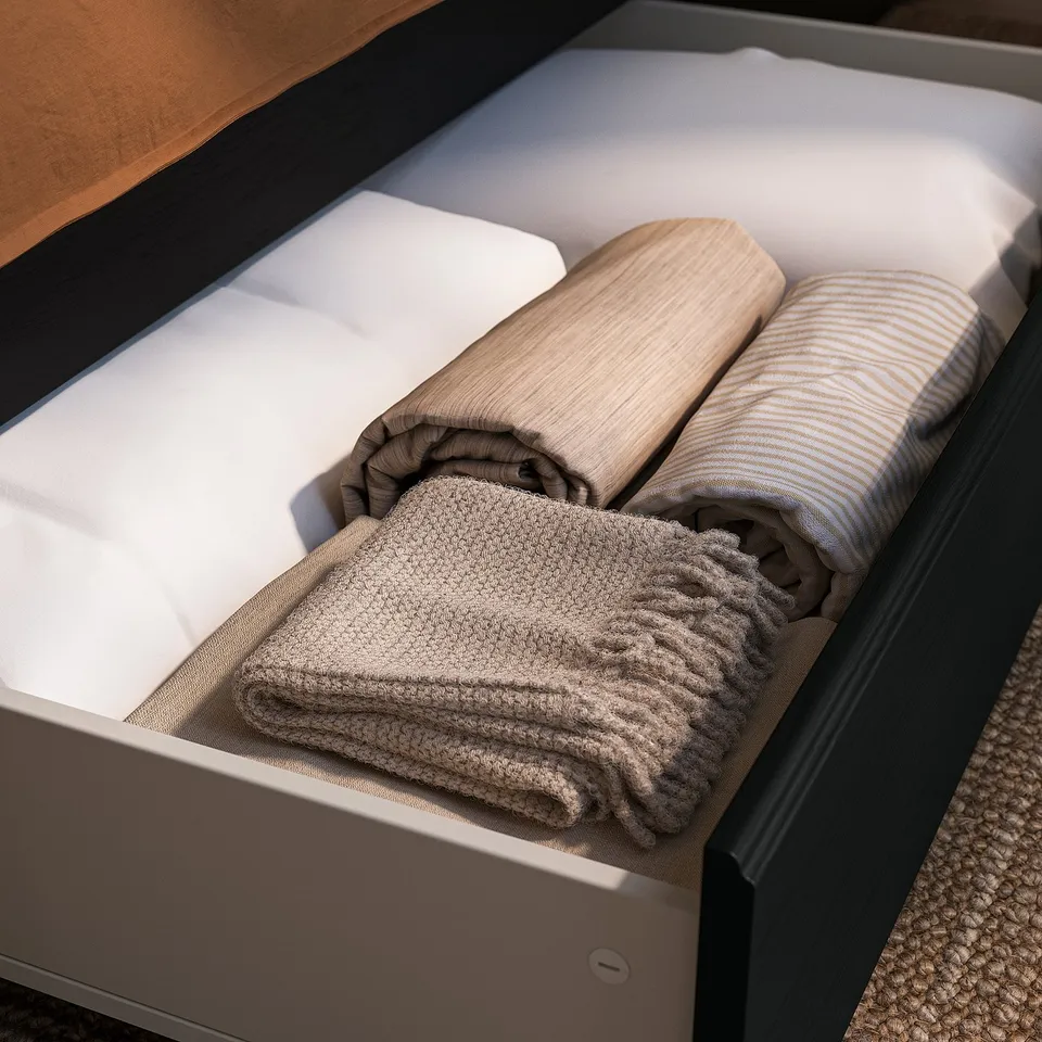 part: FÅGELFJÄLLET bed frame with 4 storage boxes