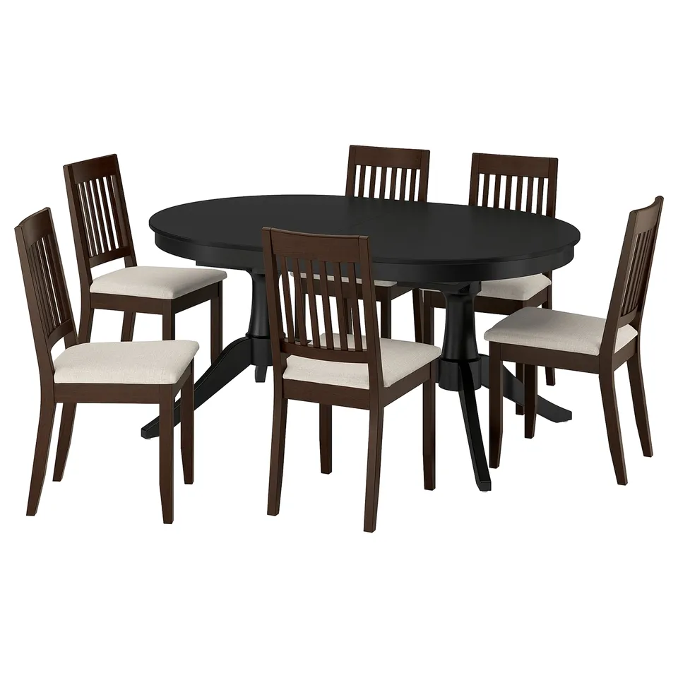 ROSENTORP dining set: black oval table, six dark wooden chairs with beige cushions,) sturdy & stylish.