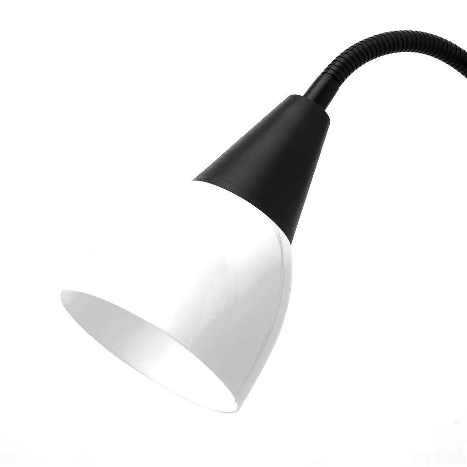 A sleek black desk lamp with a white shade and flexible neck. Modern and durable, perfect for reading or general use.