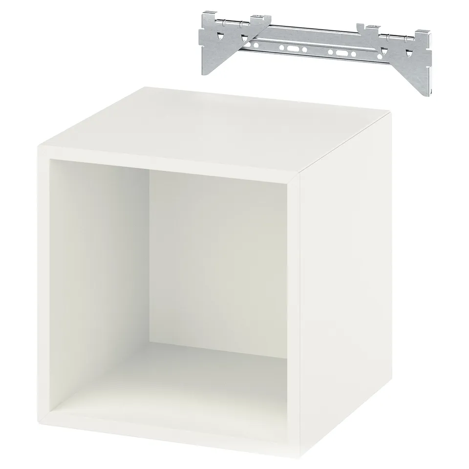 A white cube storage cabinet and metal suspension rail. Modern, minimalist design.