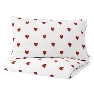 BARNDRÖM duvet cover and pillowcase, heart pattern/white red, 150x200/50x80 cm