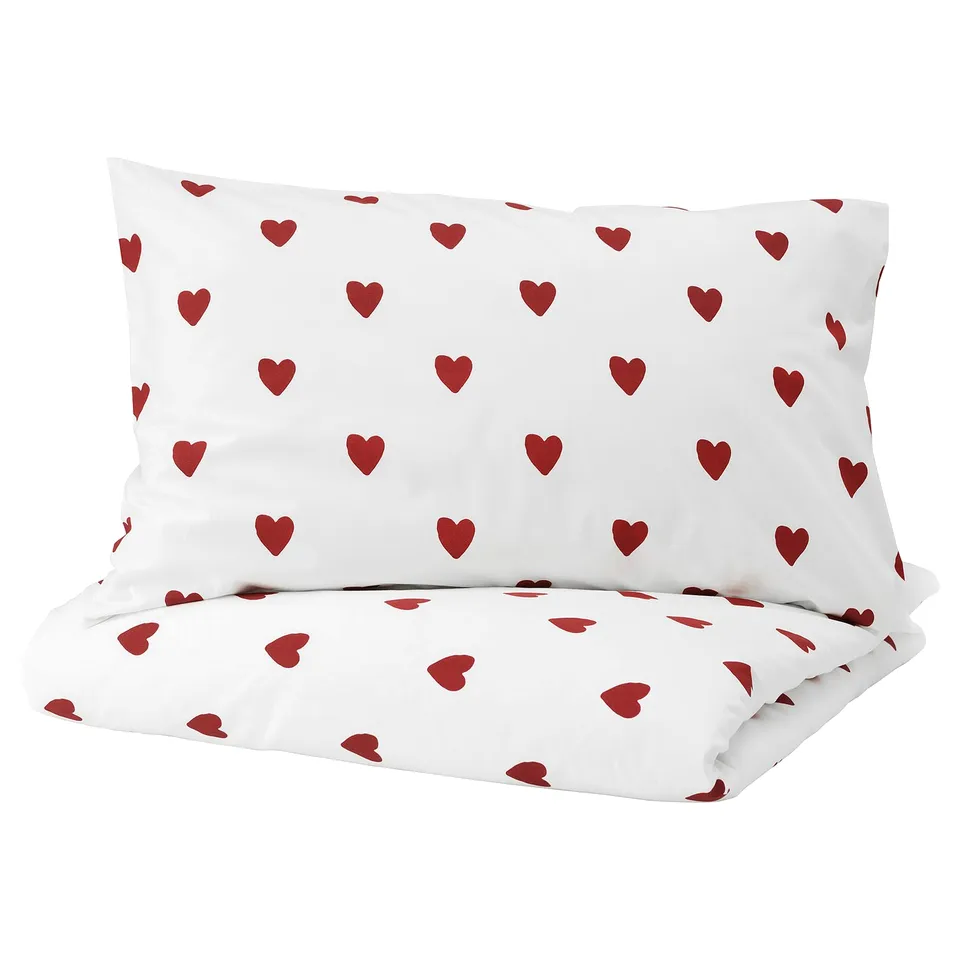 BARNDRÖM Duvet cover and pillowcase, heart pattern/white red, 150x200/50x80 cm
