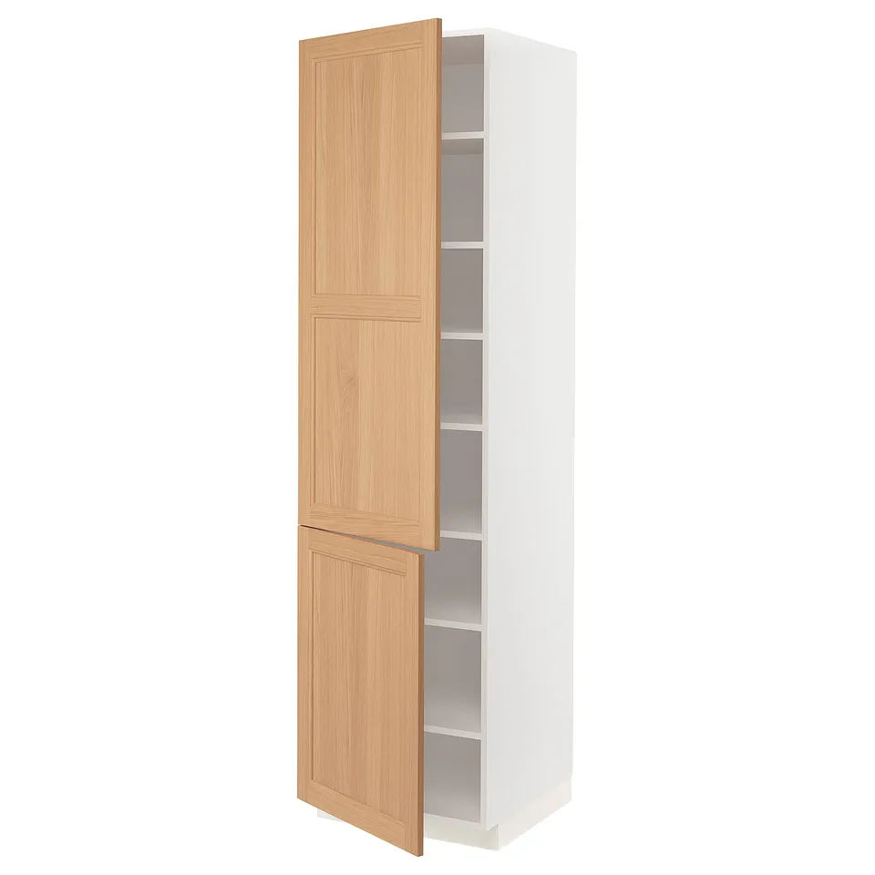 Open white cabinet with wooden doors, light oak finish, multiple shelves, slim rectangular shape.