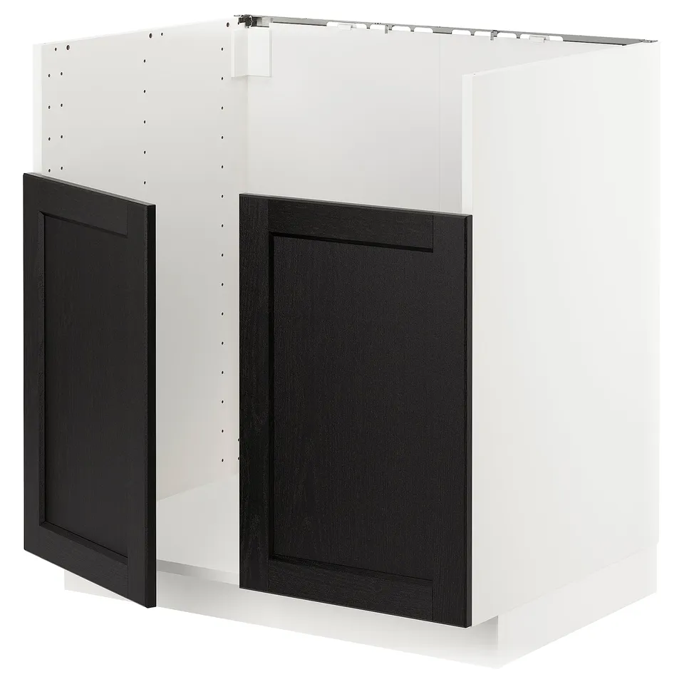 METOD kitchen unit, black wooden doors, white frame, square shape.