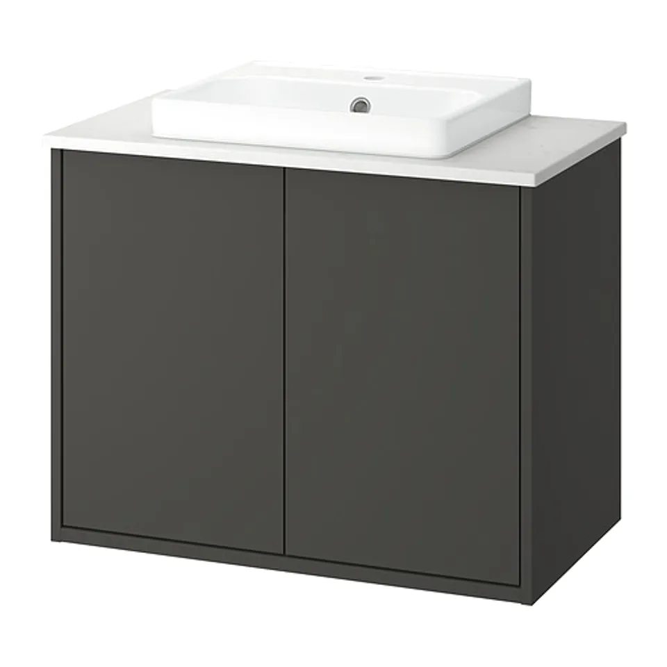 A grey HAVBÄCK bathroom vanity with a white basin on top. It has a modern design with flat surfaces and two doors.