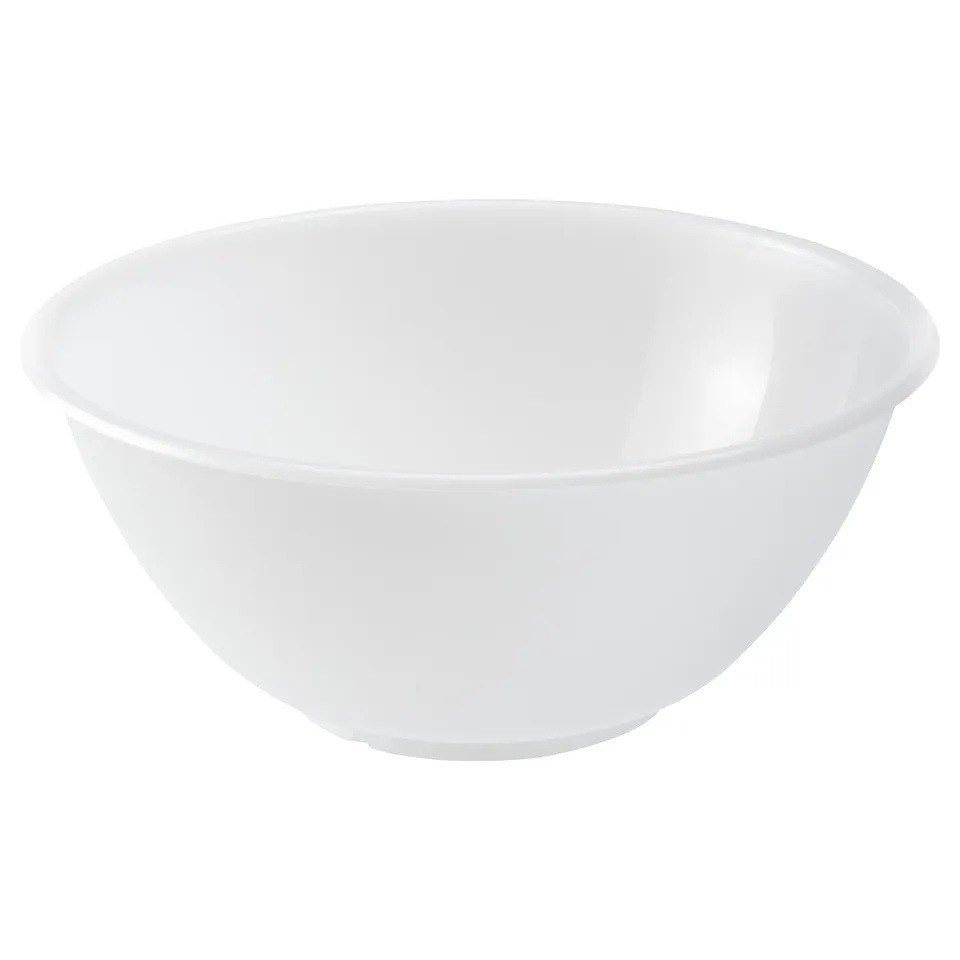 A white plastic bowl. Its simple, round, and made of polypropylene.