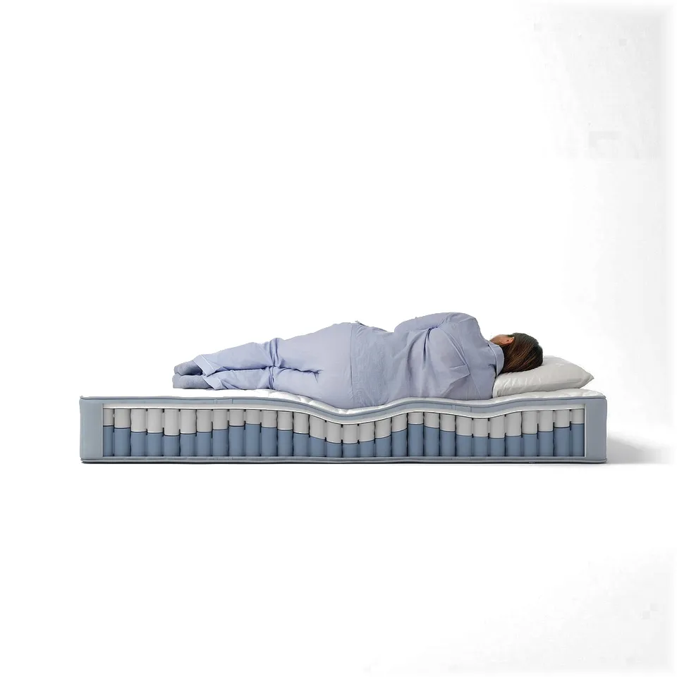 Person sleeping on VÅGSTRANDA blue mattress, showcasing its wavy, dual-layer pocket spring design.