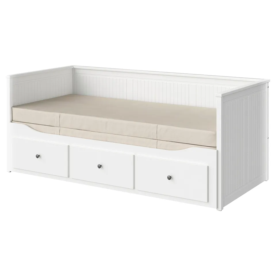 White HEMNES day-bed, 3 drawers, beige cushion, wooden finish, rectangular, sleek design.