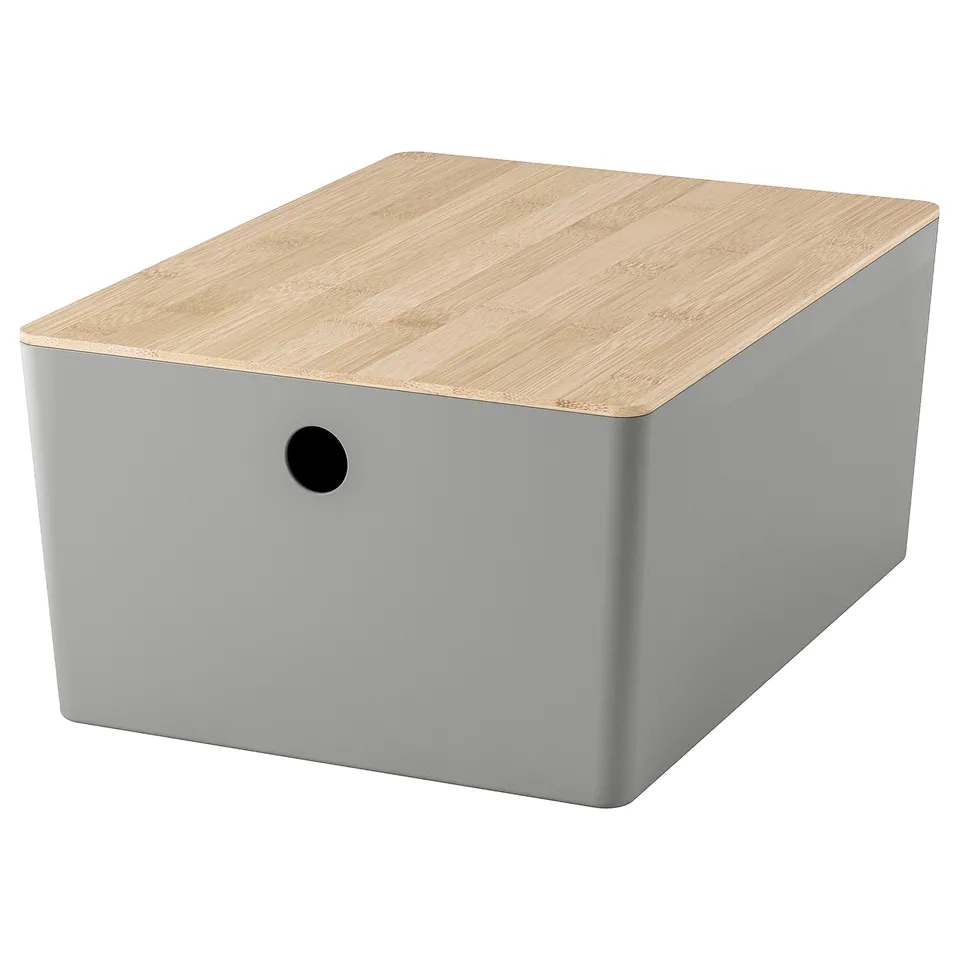 KUGGIS grey storage box with wooden lid, rectangular shape, simple design for organising items.