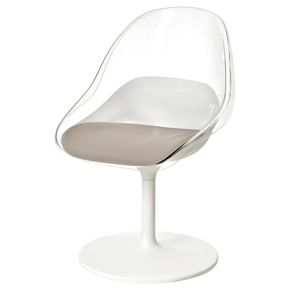BALTSAR chair: clear plastic, white base, round shape, padded seat.