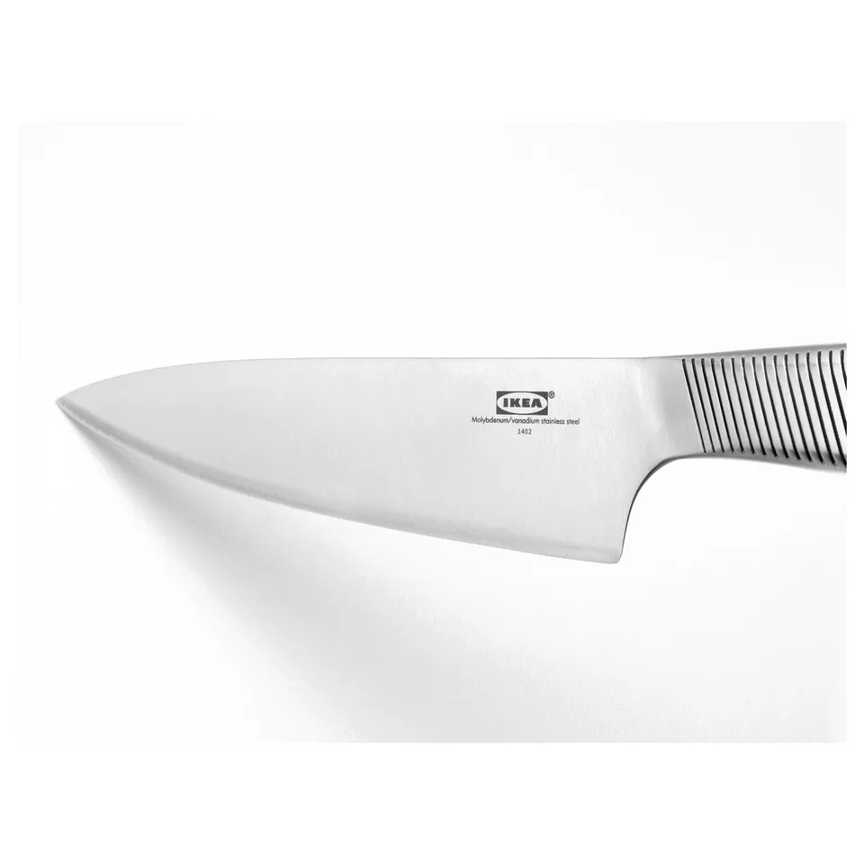 Stainless steel knife with textured grip, sharp blade, and ikea branding.